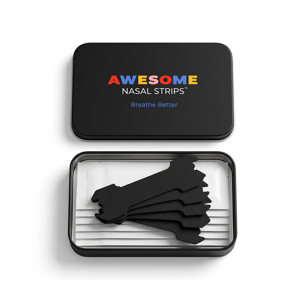 Awesome Nasal Strips tin with five black strips