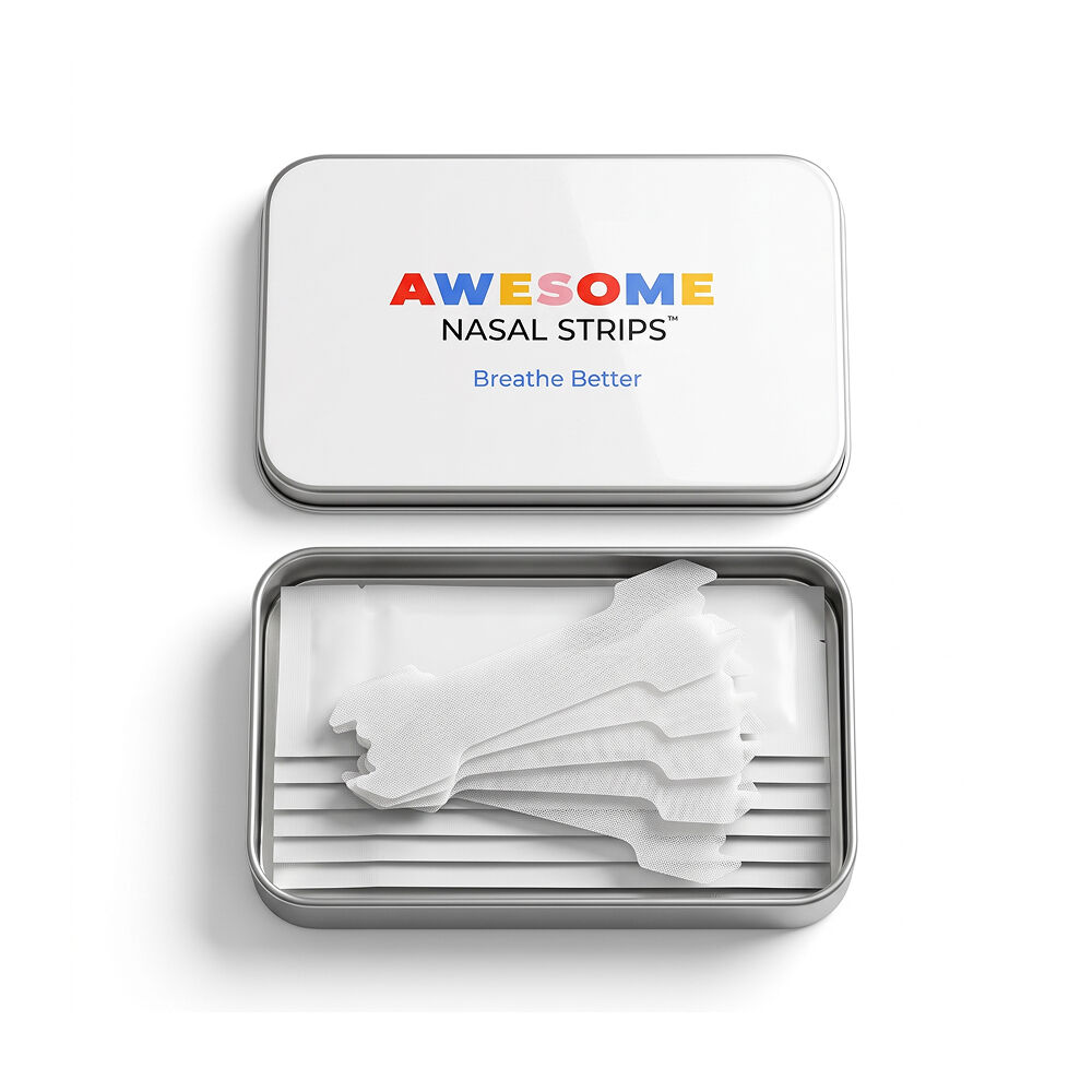 Awesome Nasal Strips tin with five clear strips