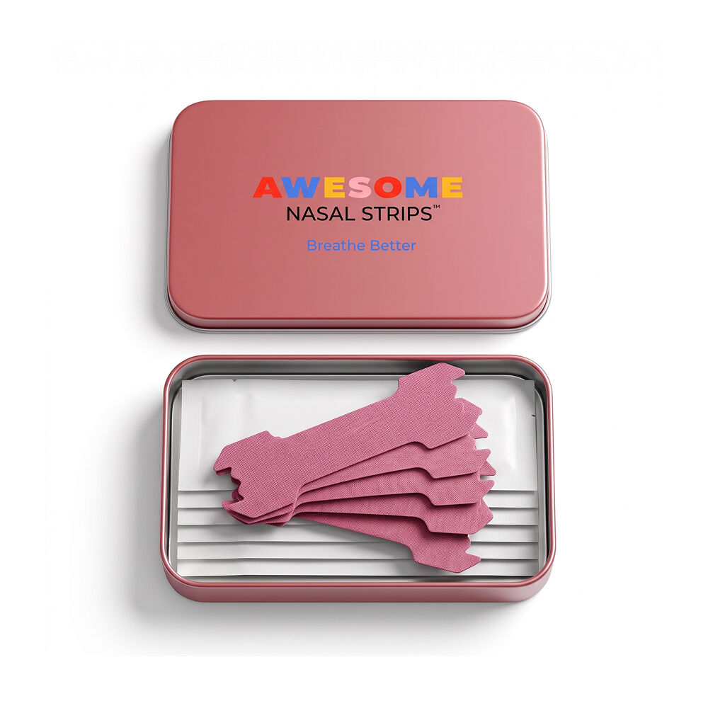 Awesome Nasal Strips tin with five pink strips