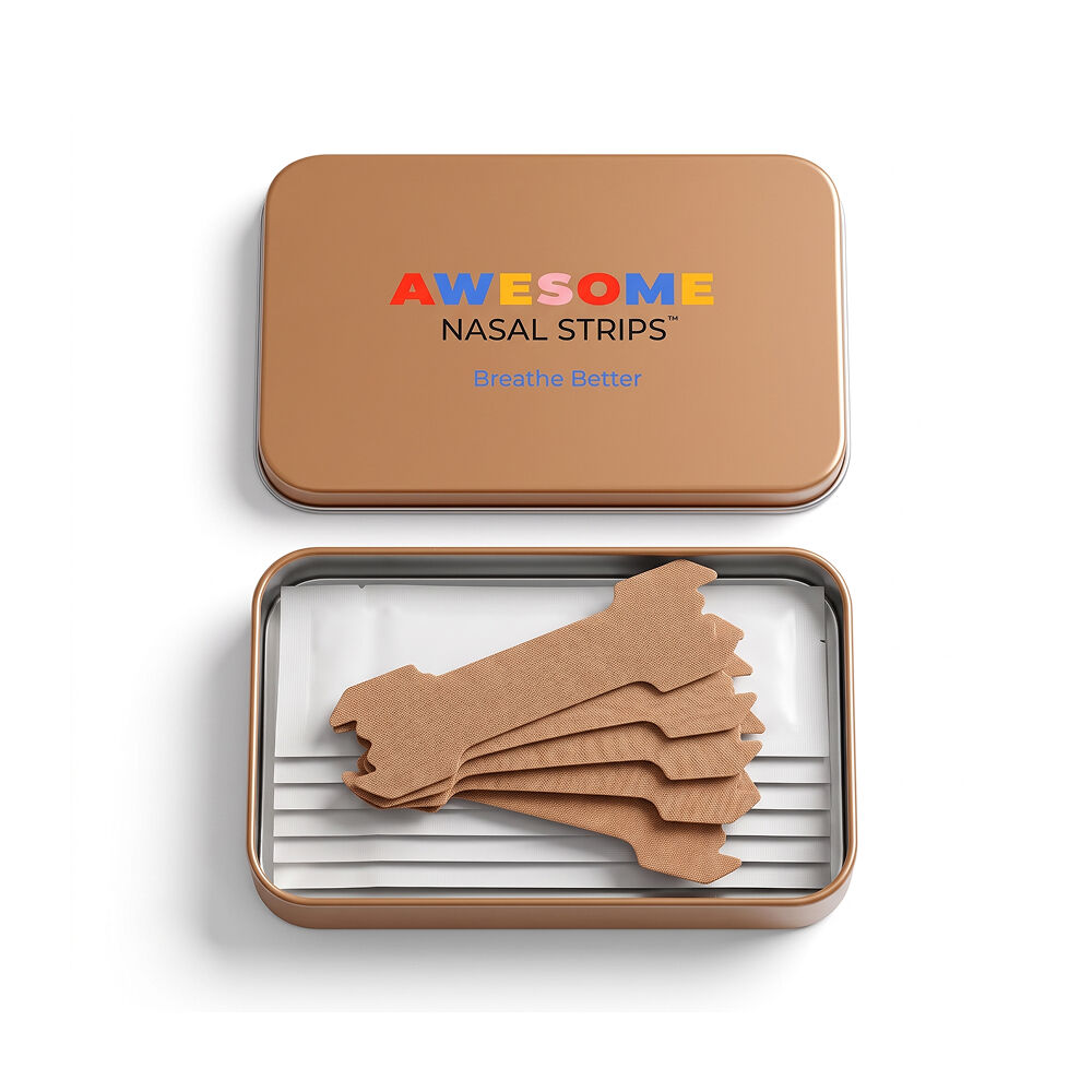 Awesome Nasal Strips tin with five tan strips